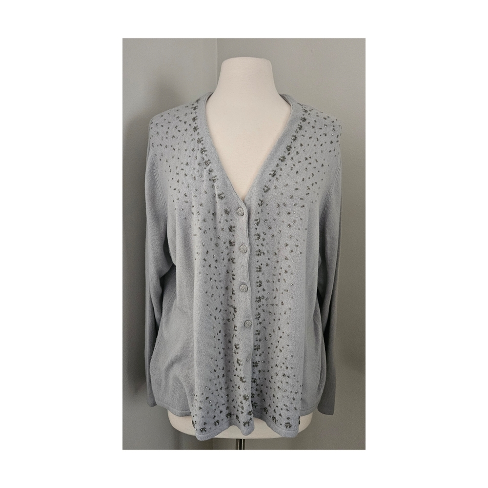 Hampshire Studio Luxelon Beaded Cardigan Sweater Gray 2X VINTAGE
